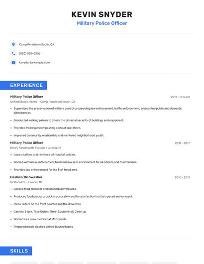 Military Police Officer Resume