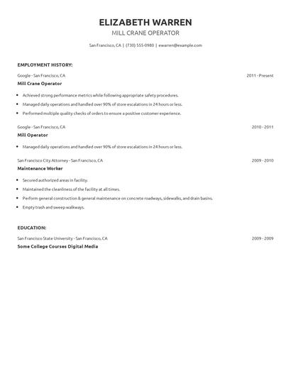 Mill Crane Operator Resume