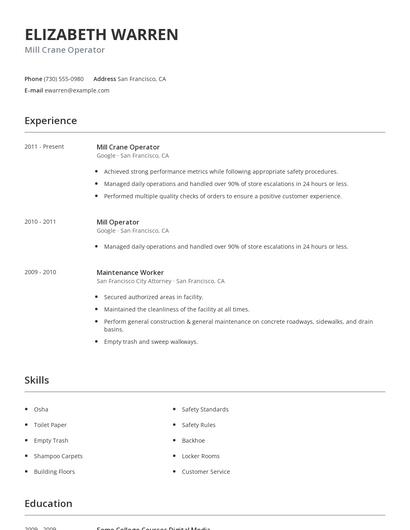 Mill Crane Operator Resume