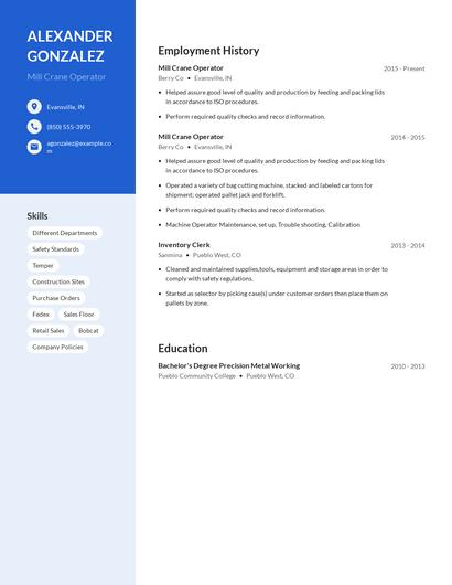 Mill Crane Operator Resume