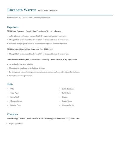 Mill Crane Operator Resume