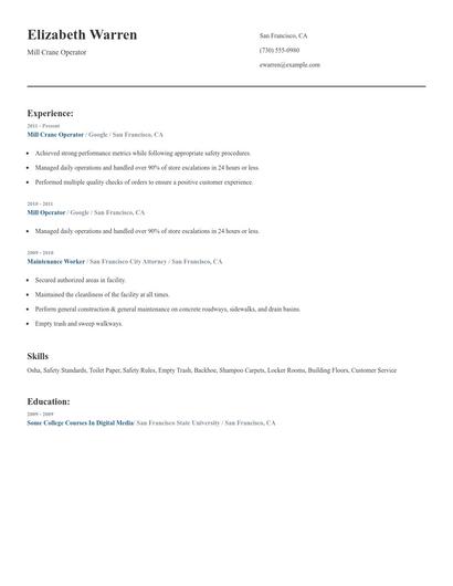 Mill Crane Operator Resume