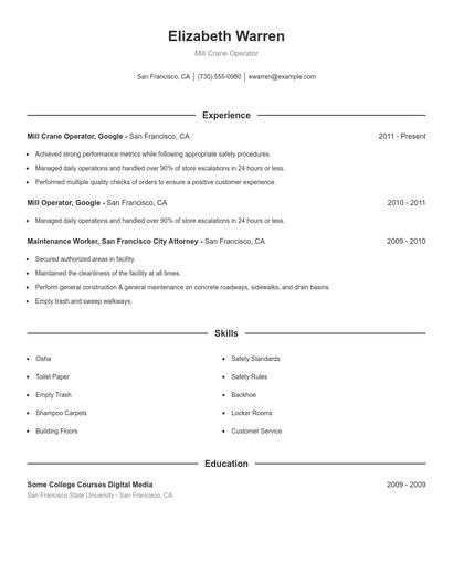 Mill Crane Operator Resume