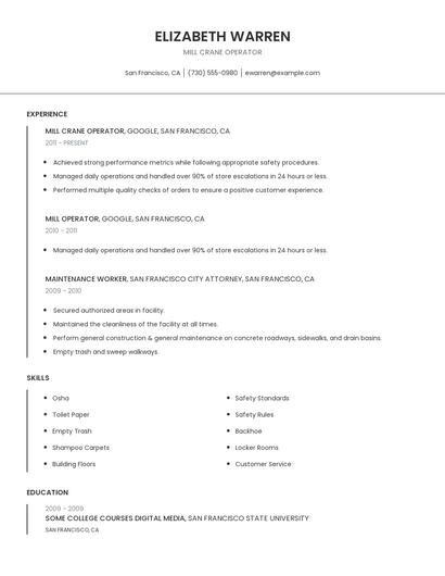 Mill Crane Operator Resume