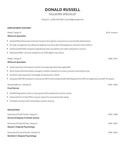 Millwork Specialist Resume