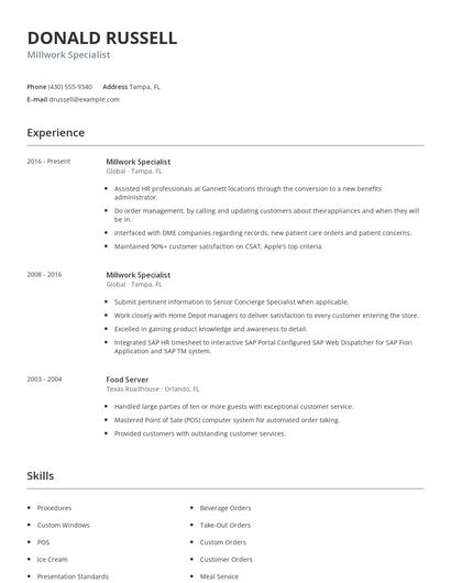 Millwork Specialist Resume