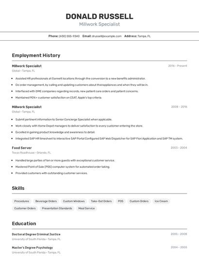 Millwork Specialist Resume