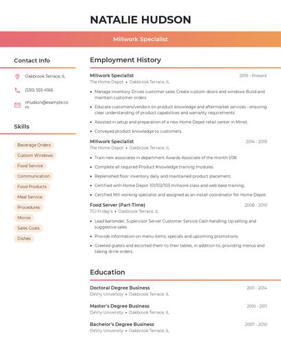 Millwork Specialist Resume