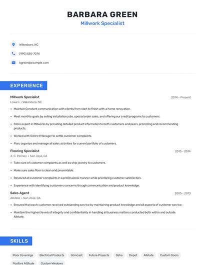 Millwork Specialist Resume