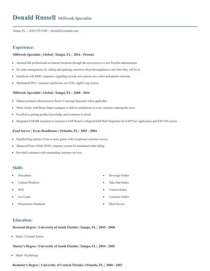 Millwork Specialist Resume