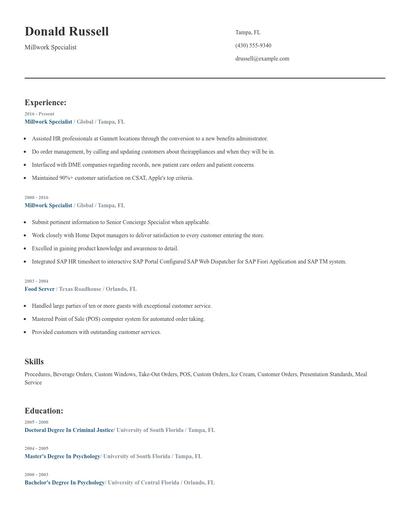 Millwork Specialist Resume