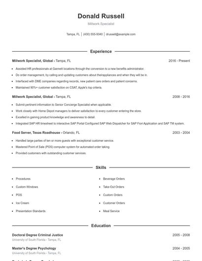 Millwork Specialist Resume