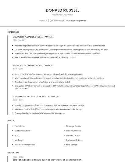 Millwork Specialist Resume