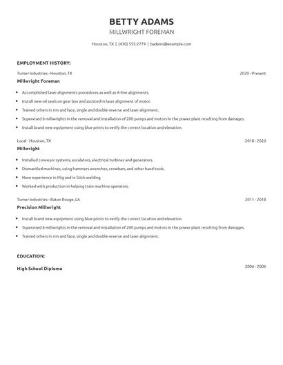 Millwright Foreman Resume
