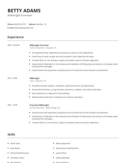Millwright Foreman Resume