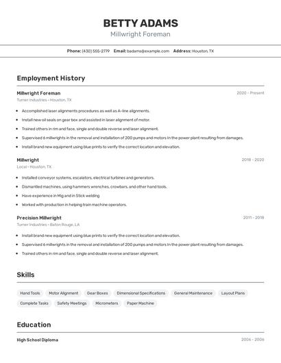 Millwright Foreman Resume