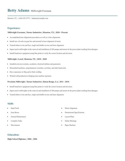 Millwright Foreman Resume