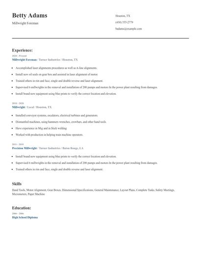 Millwright Foreman Resume