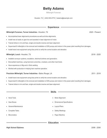 Millwright Foreman Resume