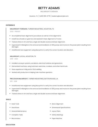 Millwright Foreman Resume