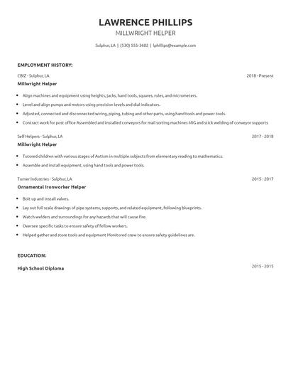 Millwright Helper Resume