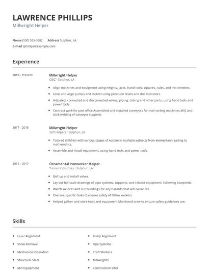 Millwright Helper Resume