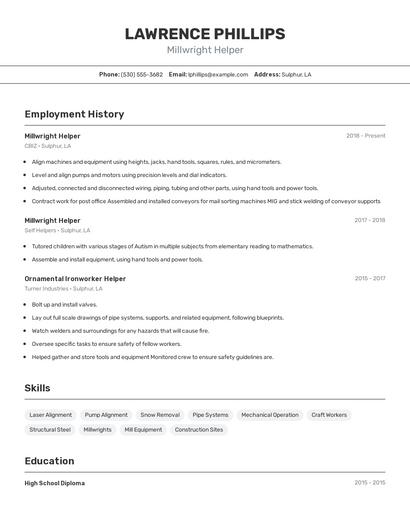 Millwright Helper Resume