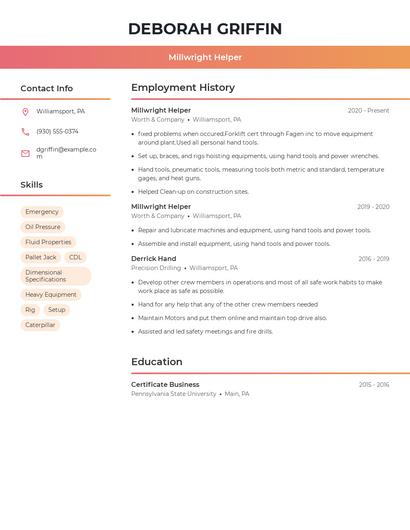 Millwright Helper Resume