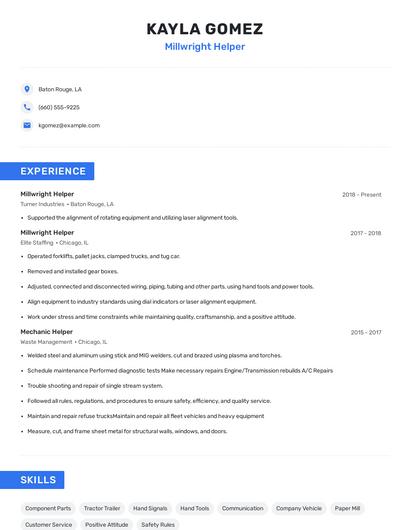 Millwright Helper Resume