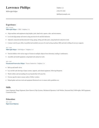 Millwright Helper Resume