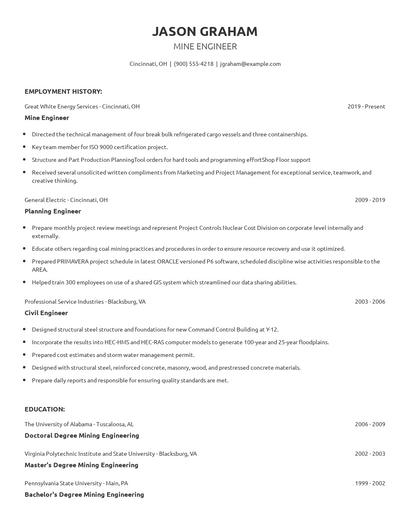 Mine Engineer Resume