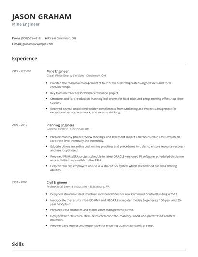Mine Engineer Resume