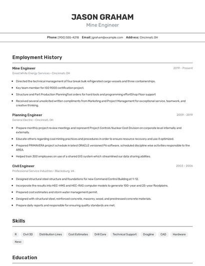 Mine Engineer Resume