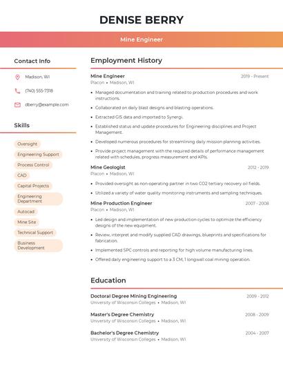 Mine Engineer Resume