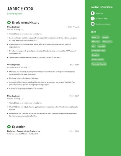 Mine Engineer Resume