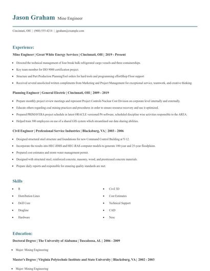Mine Engineer Resume