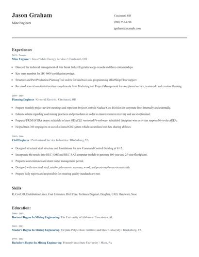 Mine Engineer Resume
