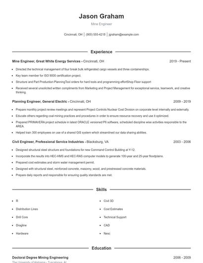 Mine Engineer Resume