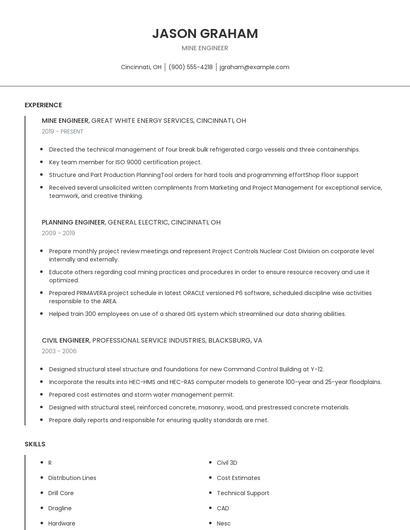 Mine Engineer Resume