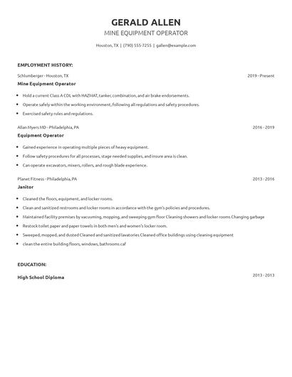 Mine Equipment Operator Resume