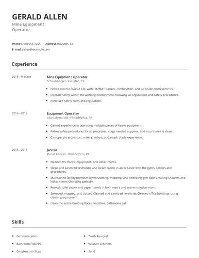 Mine Equipment Operator Resume
