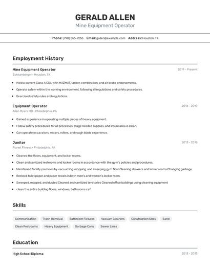 Mine Equipment Operator Resume