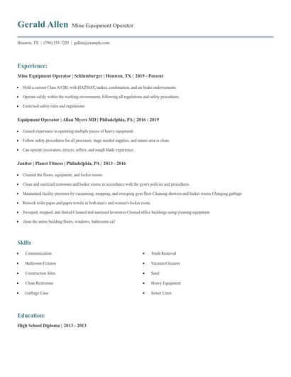 Mine Equipment Operator Resume