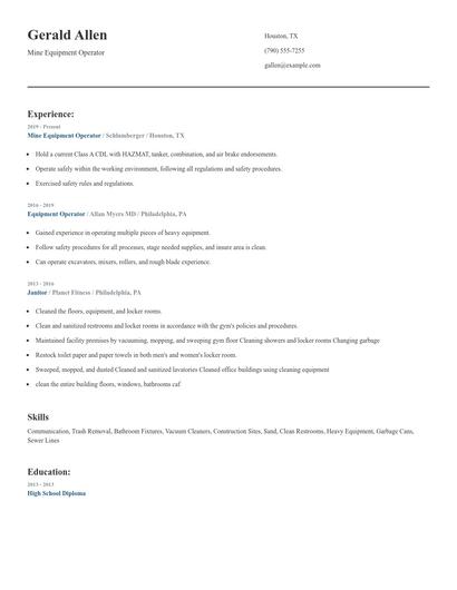 Mine Equipment Operator Resume