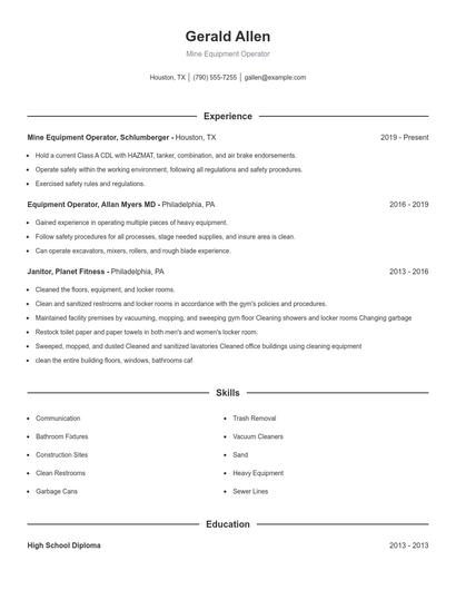 Mine Equipment Operator Resume