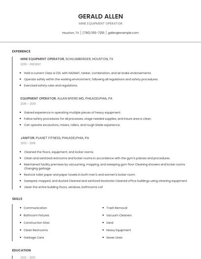 Mine Equipment Operator Resume