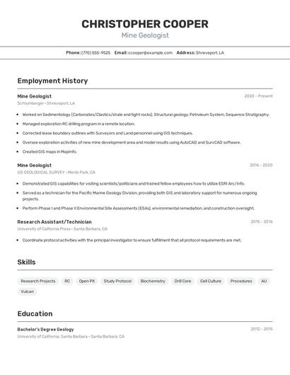 Mine Geologist Resume