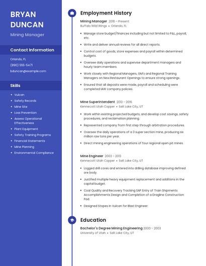 Mining Manager Resume