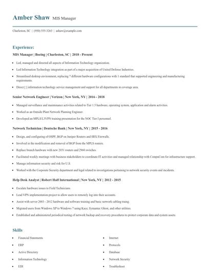 MIS Manager Resume
