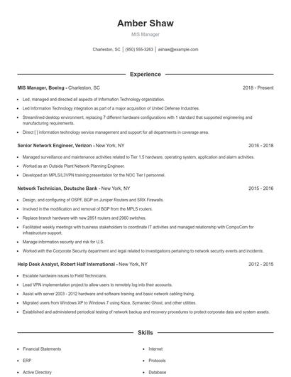 MIS Manager Resume